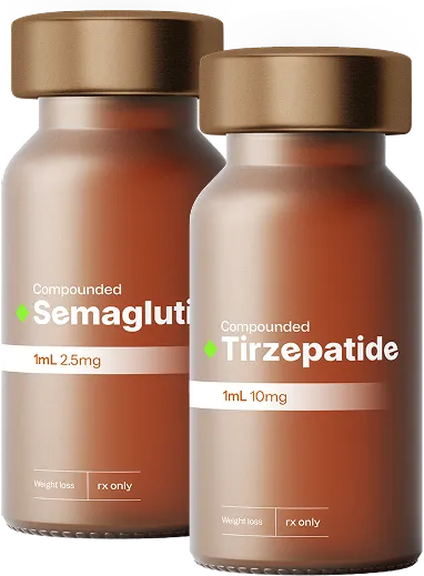 Two brown pharmaceutical bottles labeled Semaglutide and Tirzepatide with dosage information.
