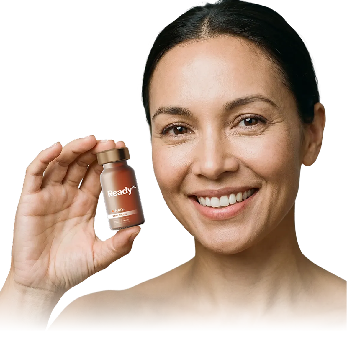 Smiling woman holding small amber bottle of ReadyRx NAD+ supplement product