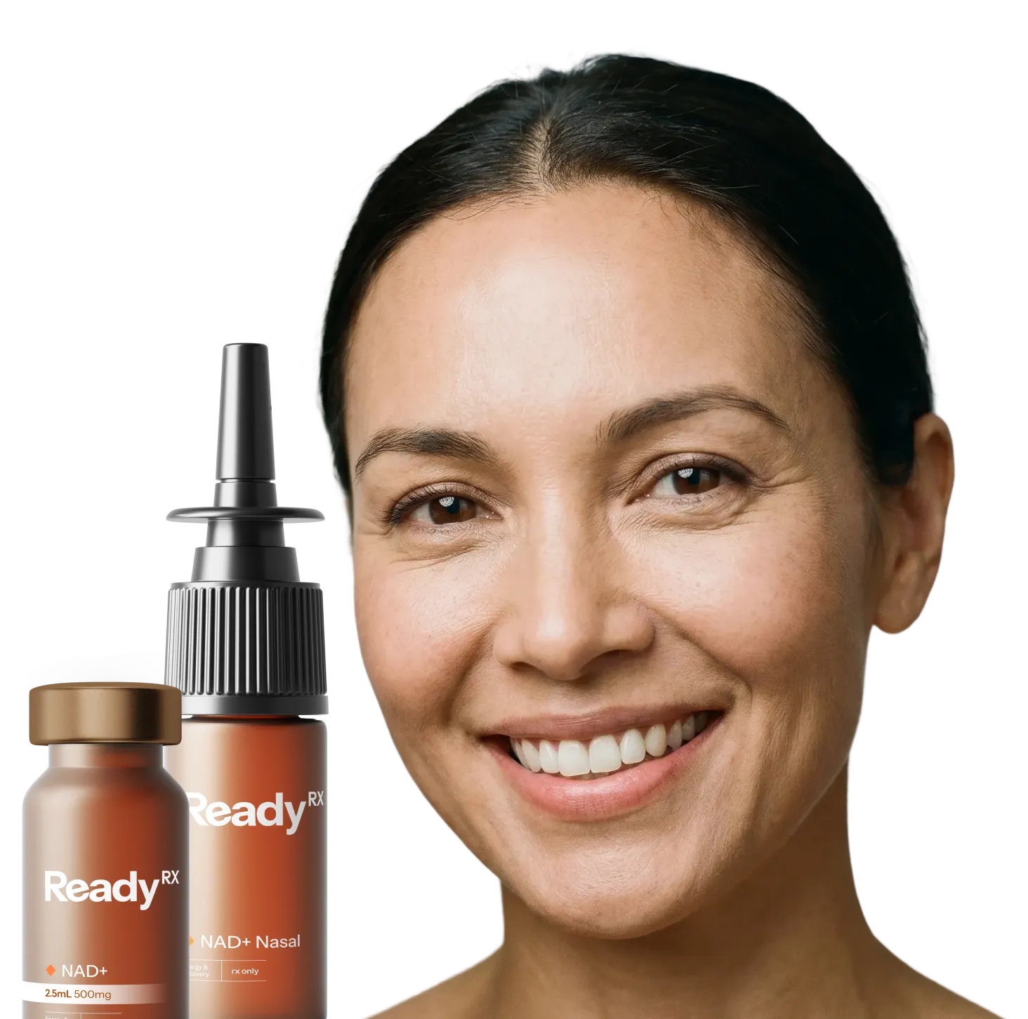 Woman smiling with NAD+ nasal spray and vial products displayed