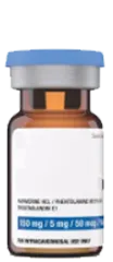 Glass medical vial with blue label and orange medication inside bottle.