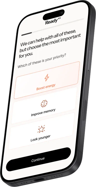 Mobile app interface showing priority selection options: boost energy, improve memory, look younger.