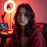 Woman with long dark hair posing near vibrant red and orange neon lights