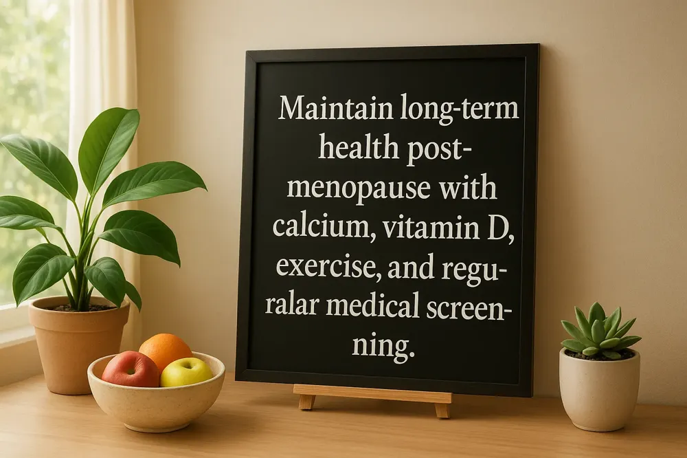 Maintain long-term health post-menopause with calcium, vitamin D, exercise, and regular medical screening.
