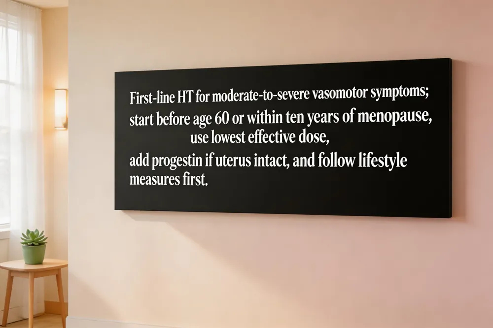 First‑line HT for moderate‑to‑severe vasomotor symptoms; start before age 60 or within ten years of menopause, use lowest effective dose, add progestin if uterus intact, and follow lifestyle measures first.