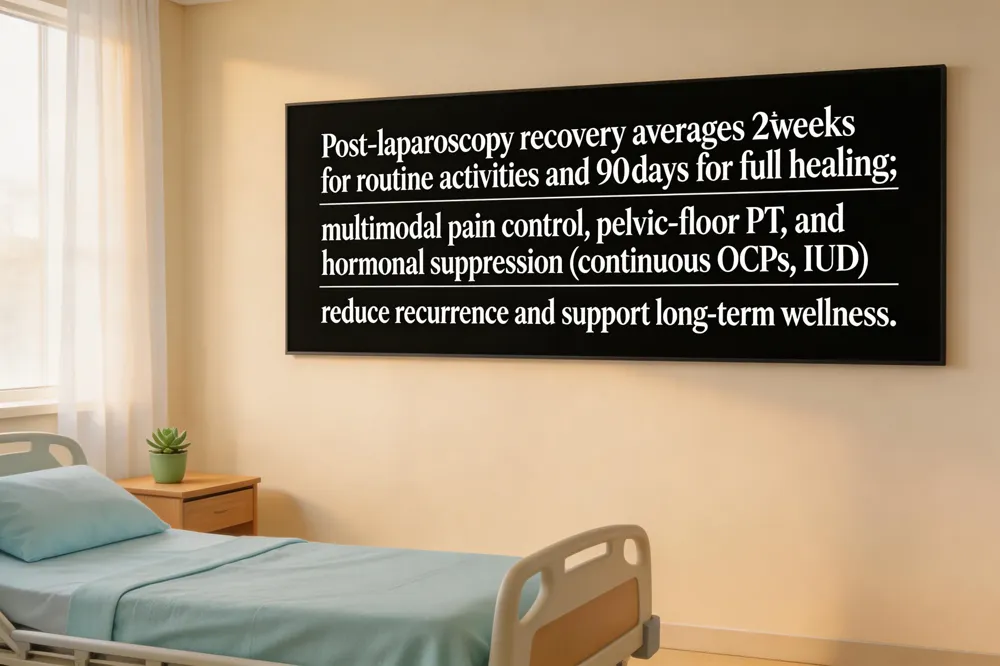 Post‑laparoscopy recovery averages 2 weeks for routine activities and 90 days for full healing; multimodal pain control, pelvic‑floor PT, and hormonal suppression (continuous OCPs, IUD) reduce recurrence and support long‑term wellness.