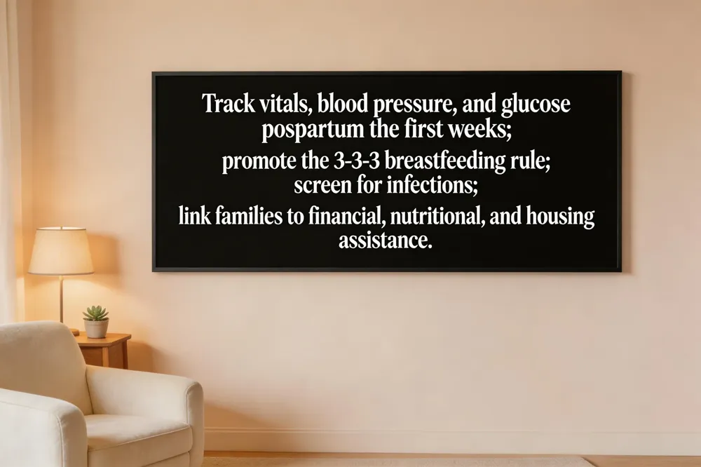 Track vitals, blood pressure, and glucose postpartum the first weeks; promote the 3‑3‑3 breastfeeding rule; screen for infections; link families to financial, nutritional, and housing assistance.