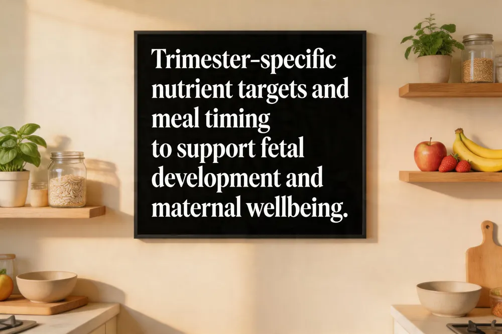 Trimester‑specific nutrient targets and meal timing to support fetal development and maternal wellbeing.
