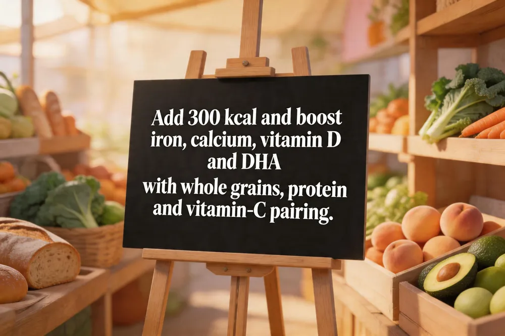Add 300 kcal and boost iron, calcium, vitamin D and DHA with whole grains, protein and vitamin‑C pairing.