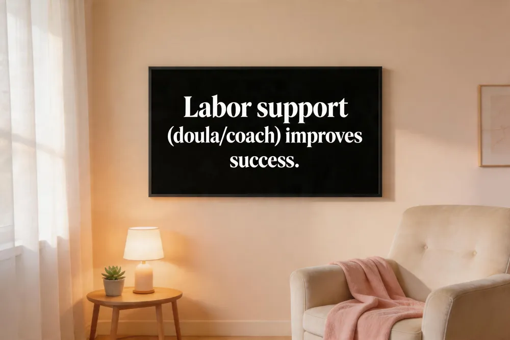 Labor support (doula/coach) improves success.