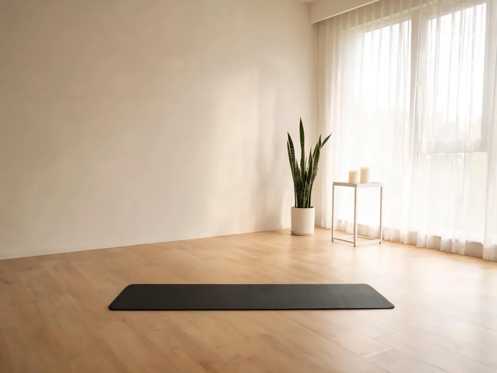 Woman practicing diaphragmatic breathing and gentle yoga stretch to relax a hypertonic pelvic floor after childbirth.