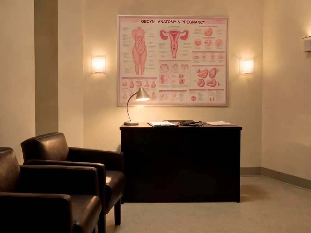 A doctor and patient sit face-to-face in a consultation room, with the doctor gesturing toward a chart on the wall while the patient listens attentively.