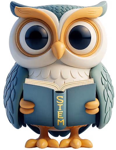 STEM Fellowship owl mascot holding a book symbolizing science, technology, engineering and mathematics education