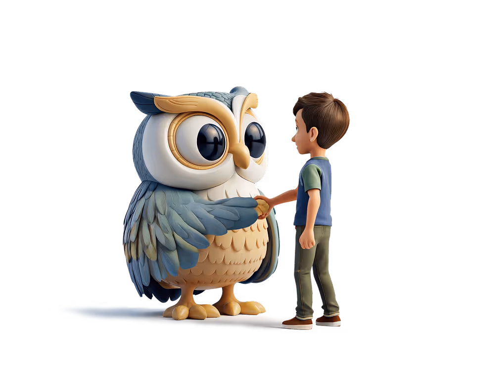 STEM Fellowship owl mascot shaking hands with student symbolizing mentorship and education support