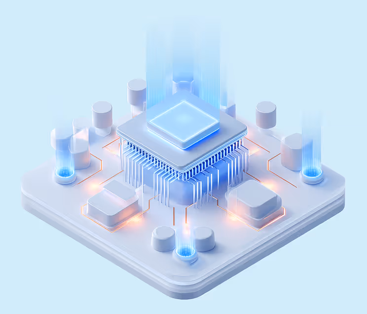 Futuristic microchip technology with glowing lights and circuits.