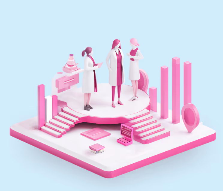 Women researchers collaborating on STEM and healthcare innovation with data analysis