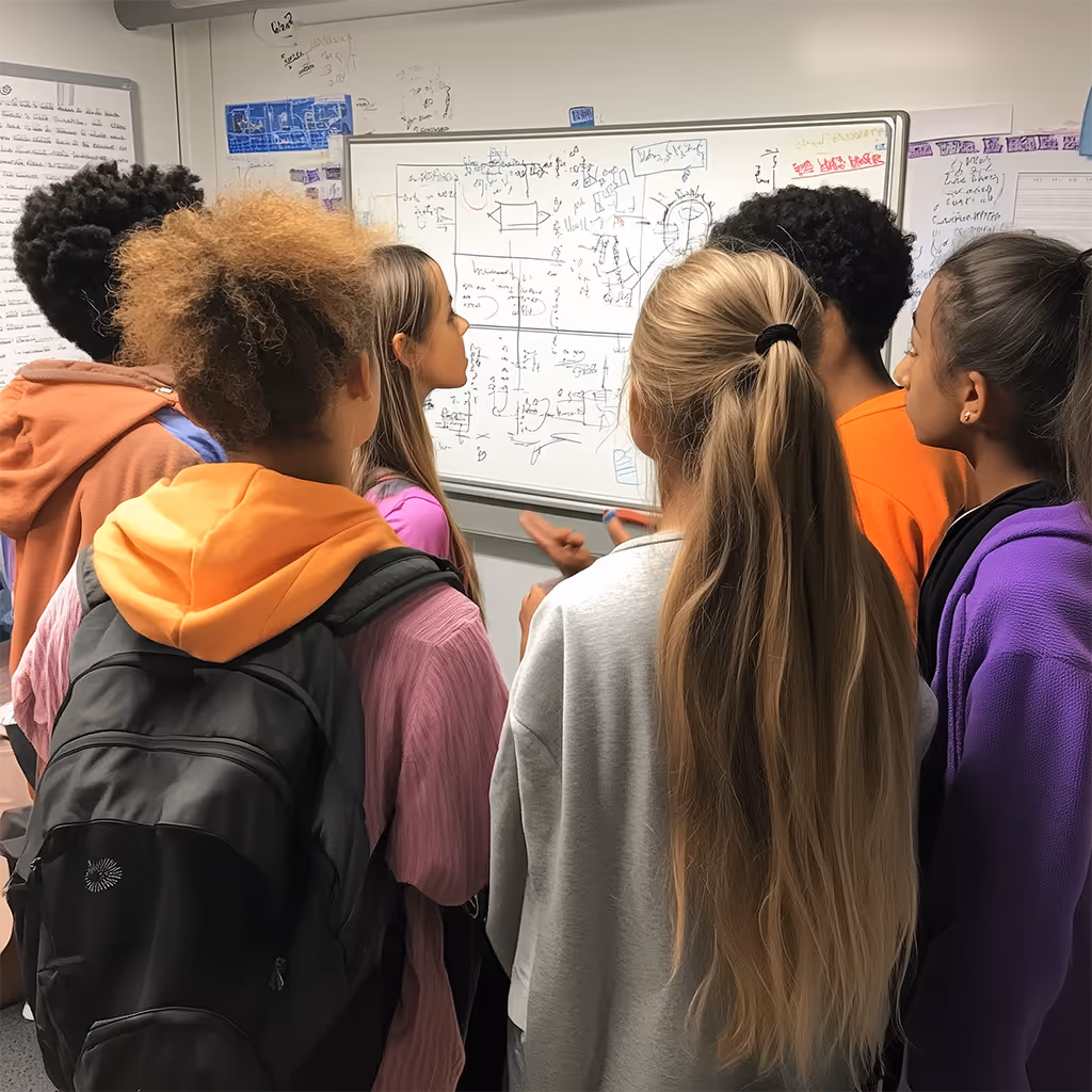 Students collaborating on STEM project brainstorming and innovation activities