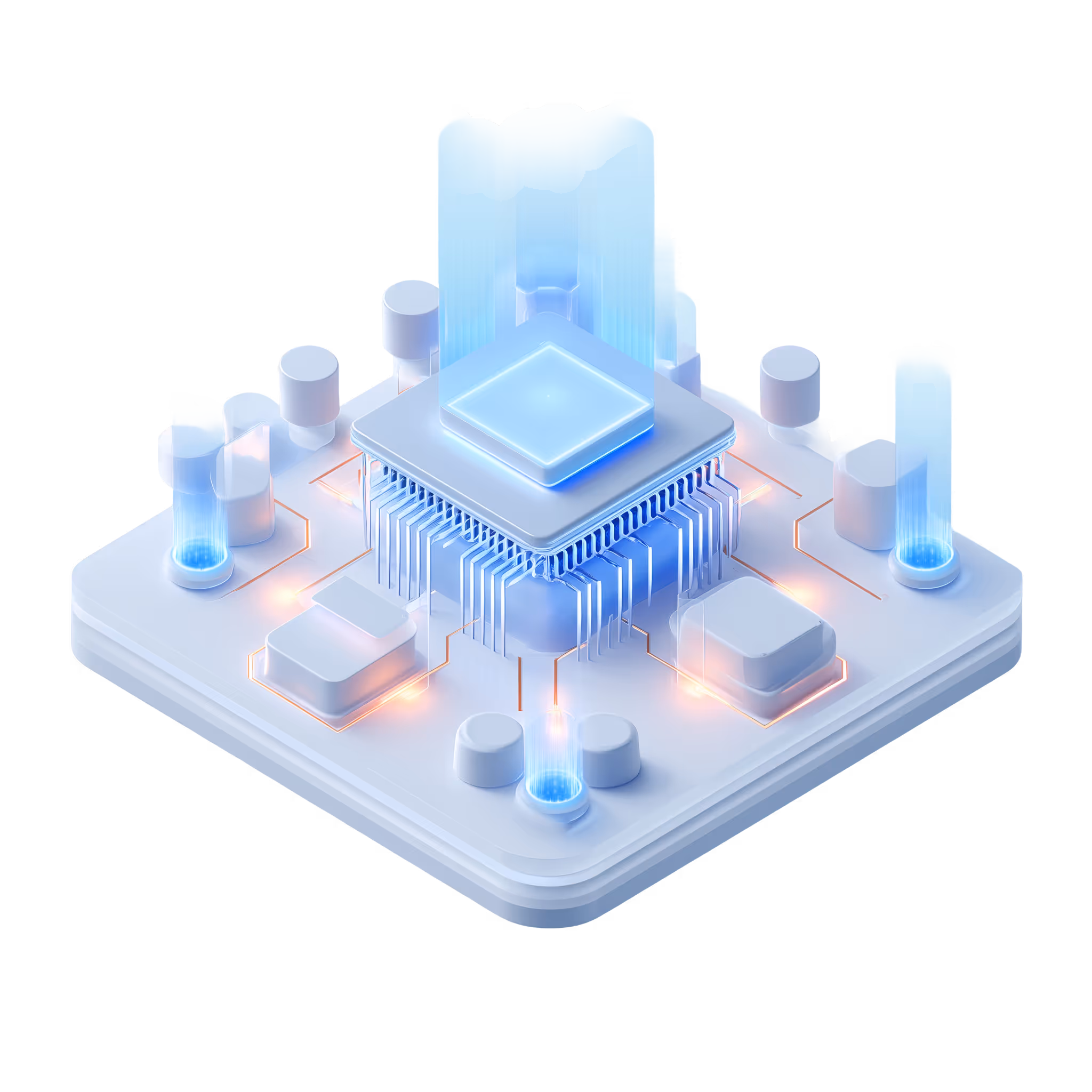 3D illustration of a glowing microchip with digital light beams