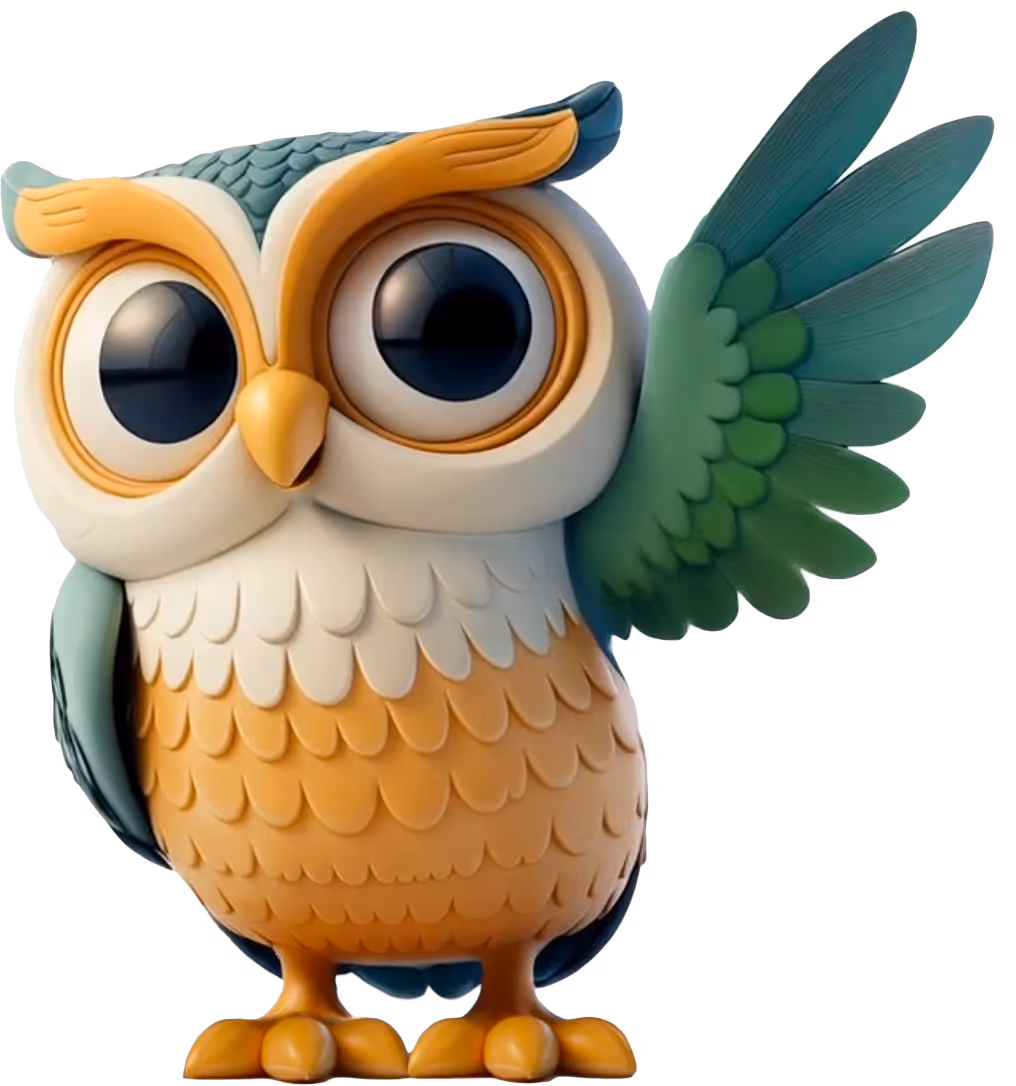 STEM Fellowship owl mascot waving, symbolizing wisdom and welcoming students to science and education programs