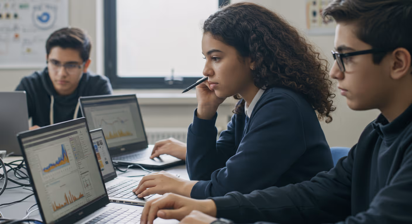 Three teenagers working on laptops displaying graphs and charts in a classroom setting.