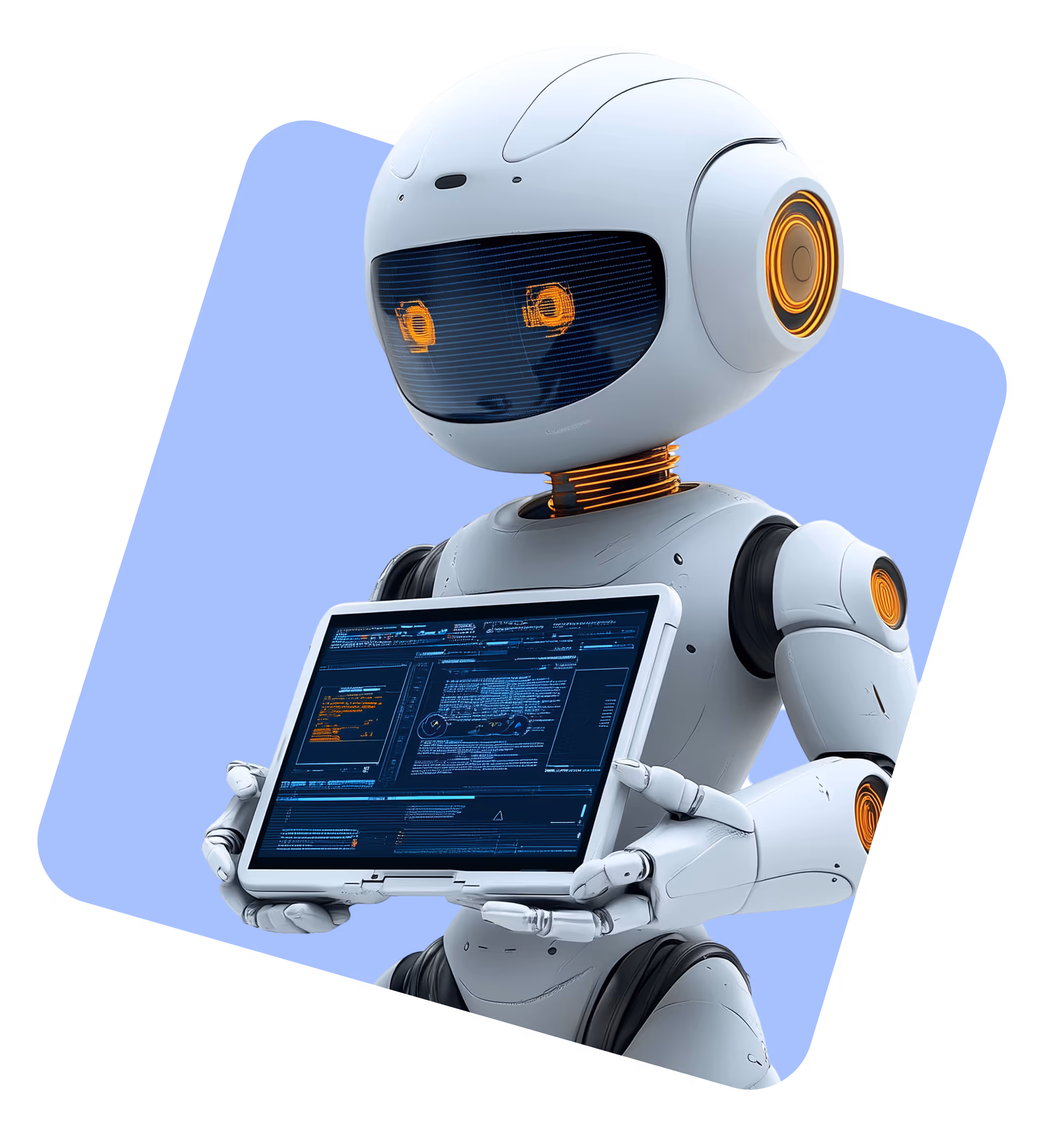 Robot holding tablet with data, representing artificial intelligence and STEM innovation