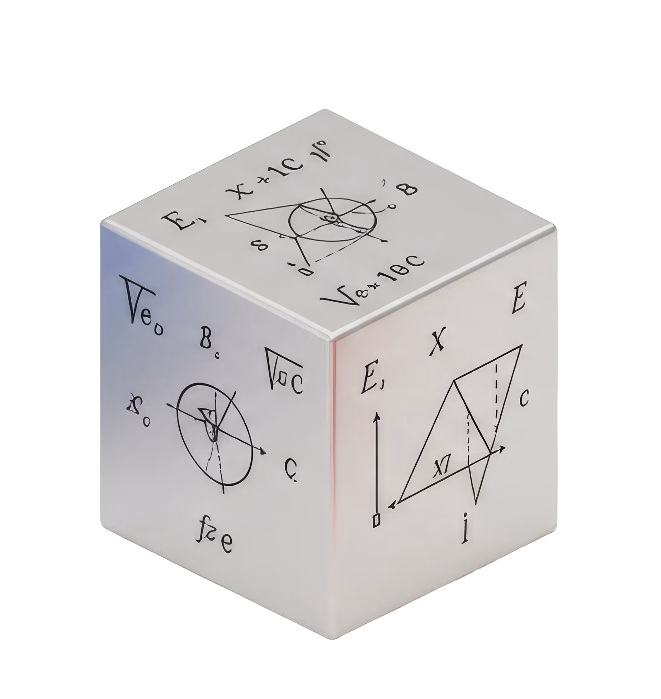 Cube with mathematical formulas and geometry diagrams symbolizing STEM education