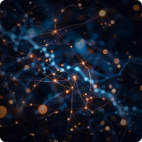 Abstract digital network of glowing orange and blue interconnected nodes and lines on a dark background.