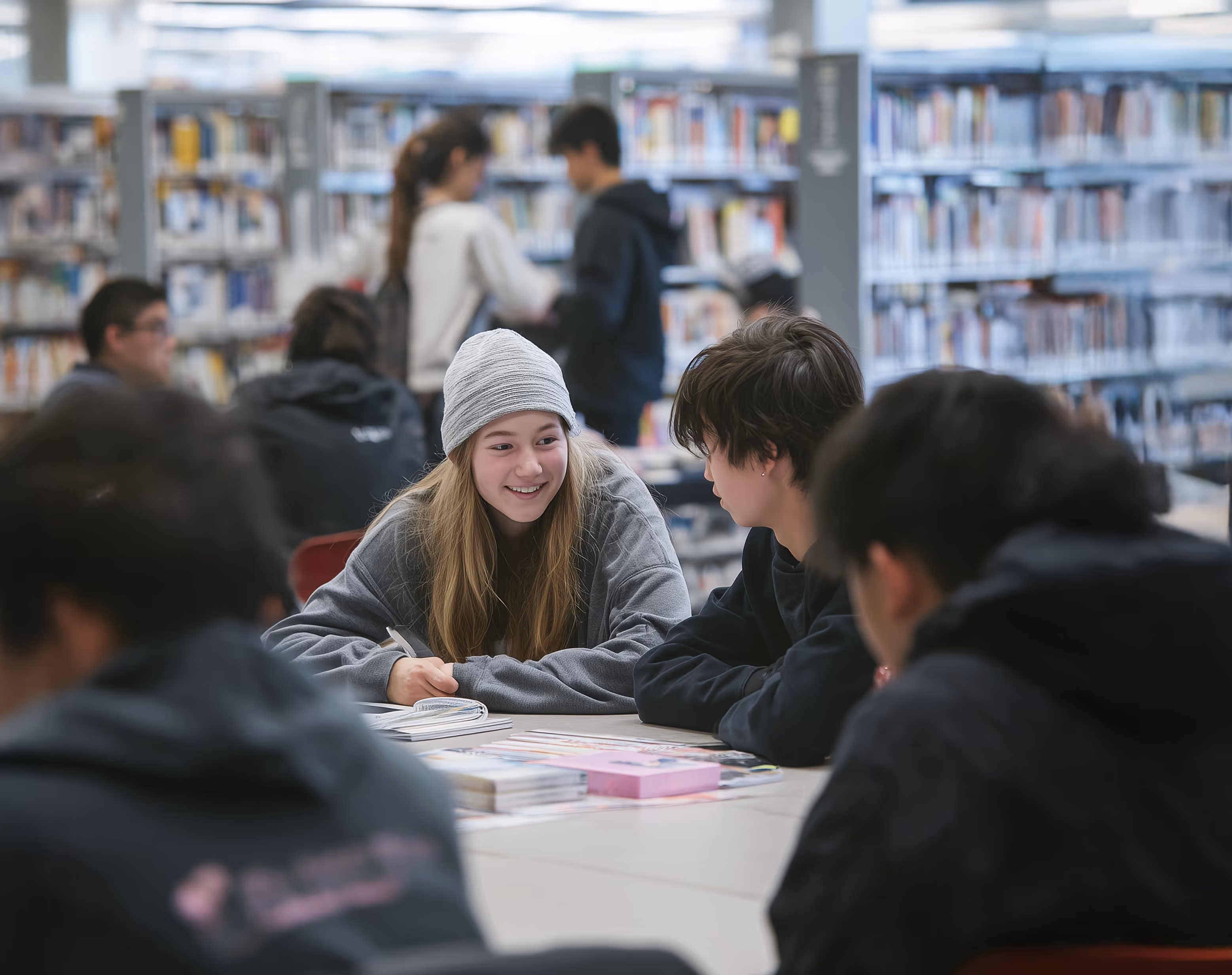 Students studying and chatting around a table in a library with bookshelves in the background.