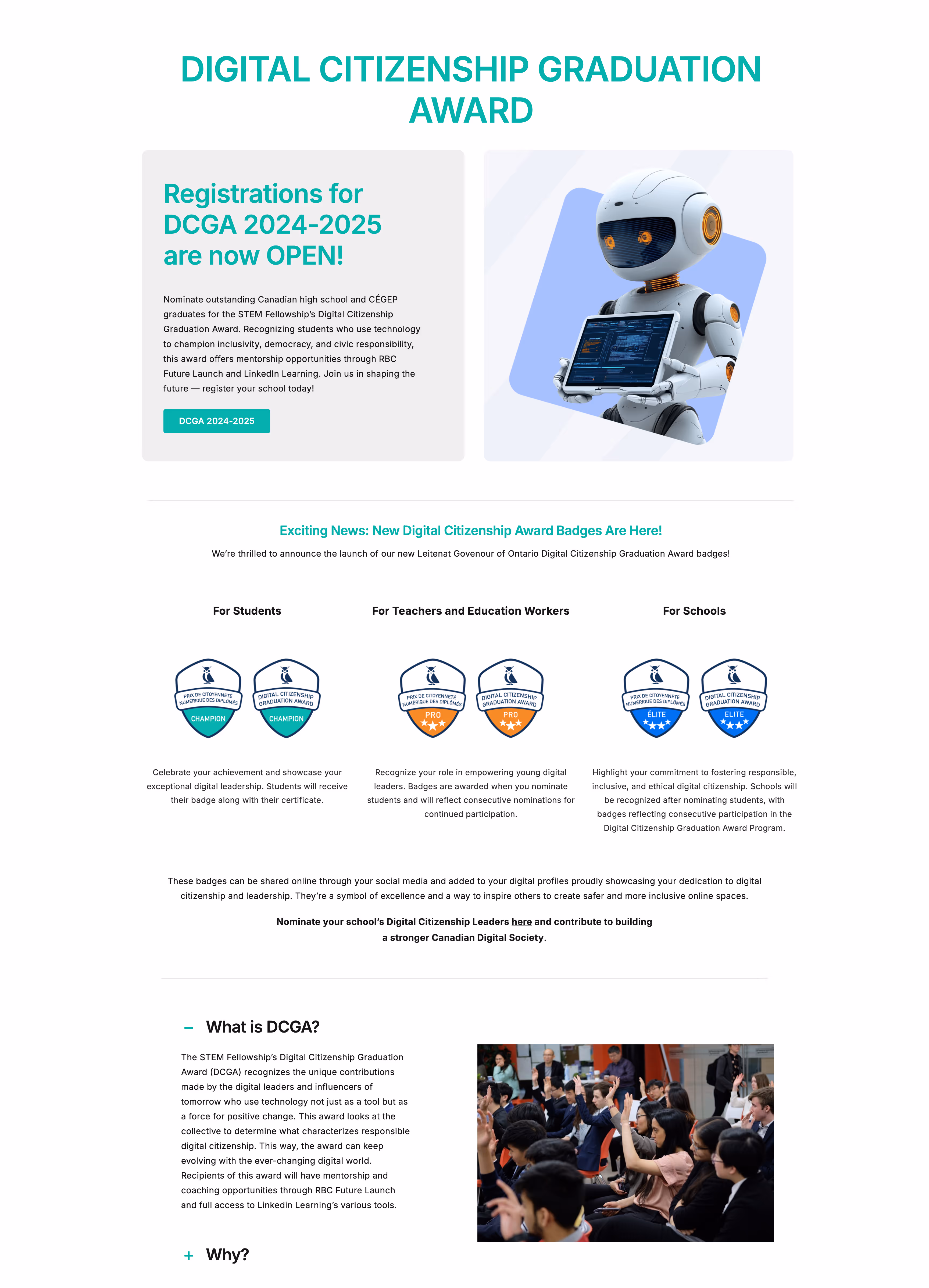 Digital Citizenship Graduation Award announcement with registration info, robot holding a tablet, award badges for students, teachers, schools, and a photo of an audience raising hands.