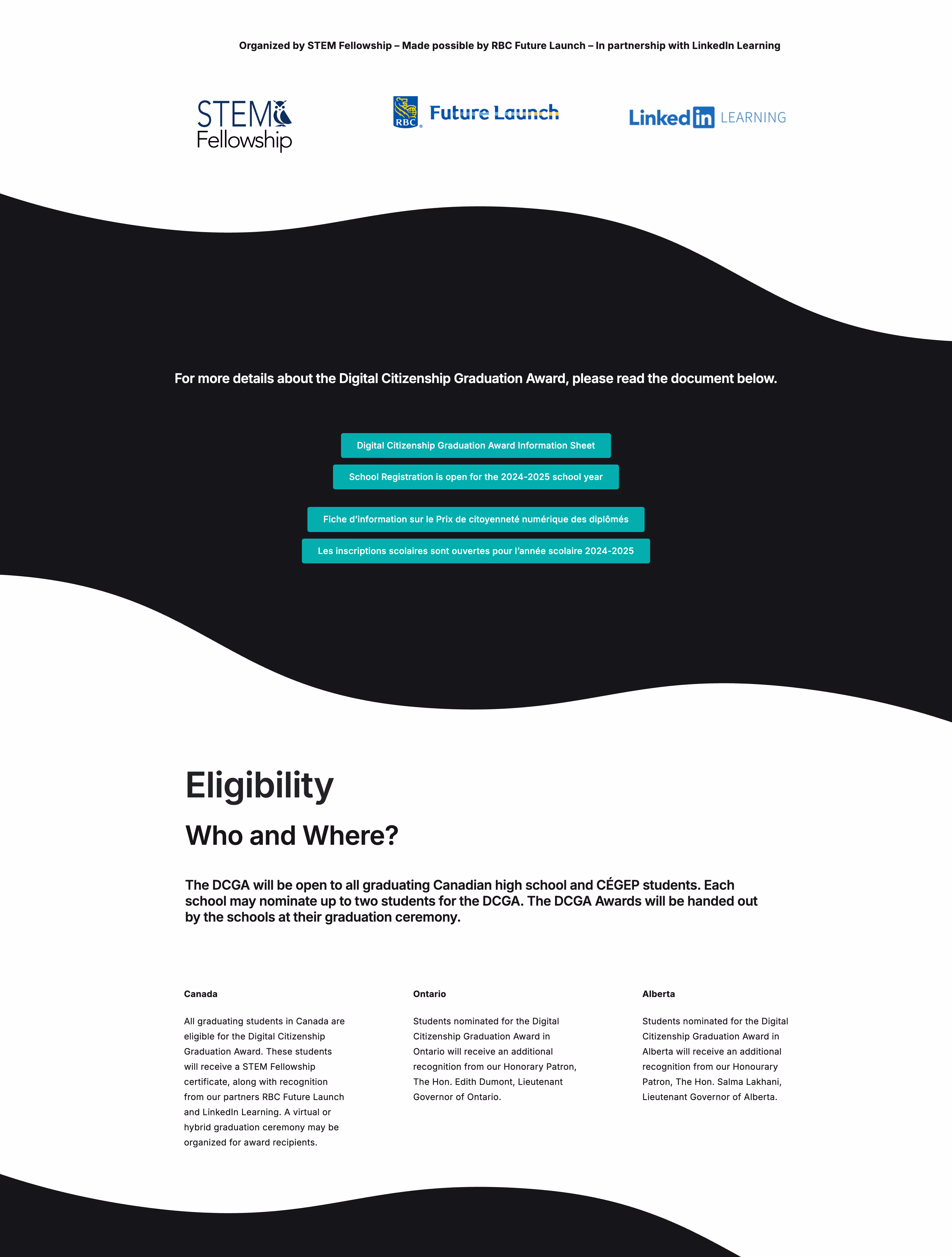 Information page about the Digital Citizenship Graduation Award eligibility for Canadian students, featuring logos of STEM Fellowship, RBC Future Launch, and LinkedIn Learning, with details on who can participate and nomination information for Canada, Ontario, and Alberta.