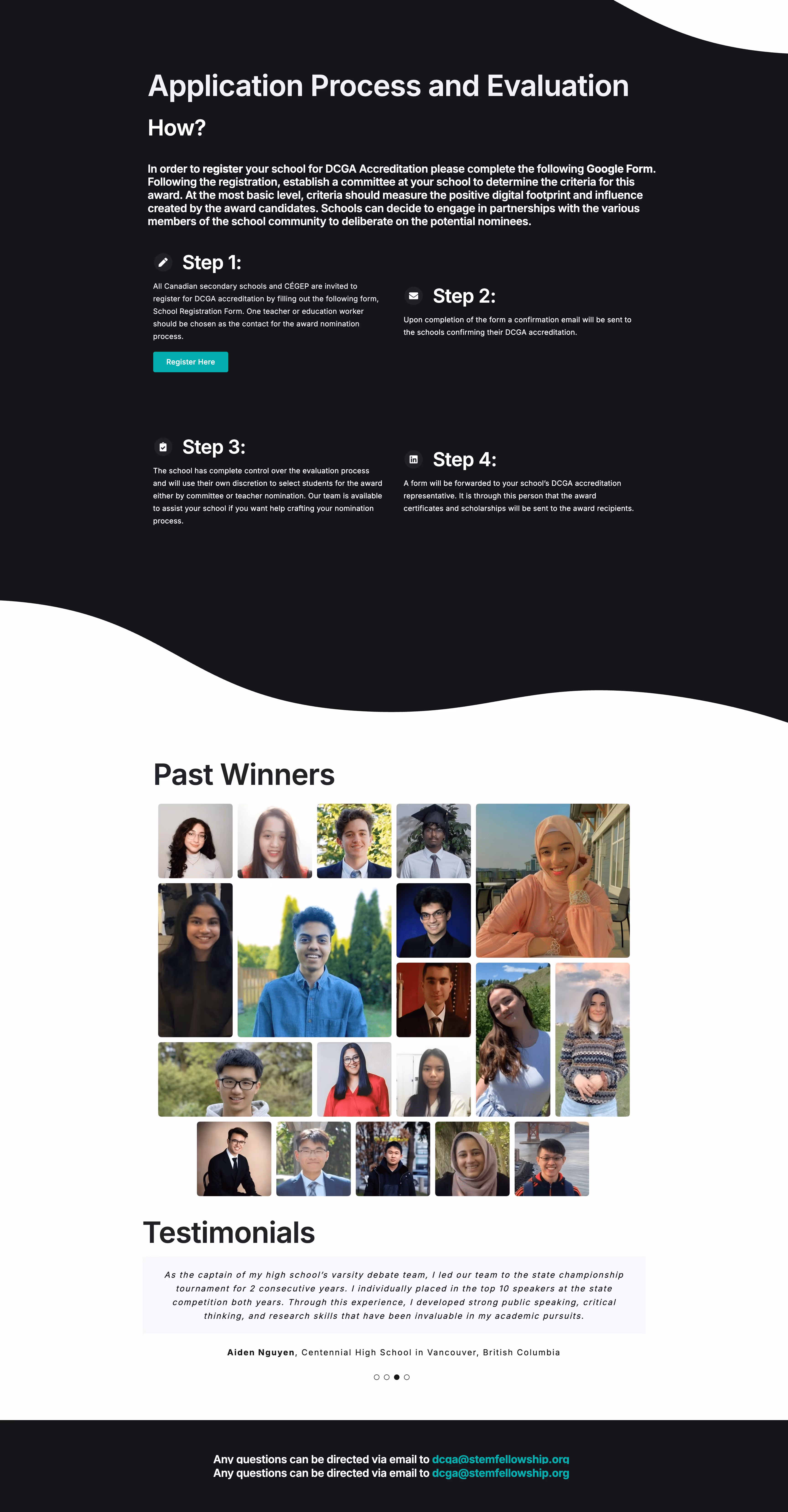 Webpage section showing the DCGA application process with four steps, photos of past student winners, and a testimonial from Aiden Nguyen about debate team leadership and skills development.