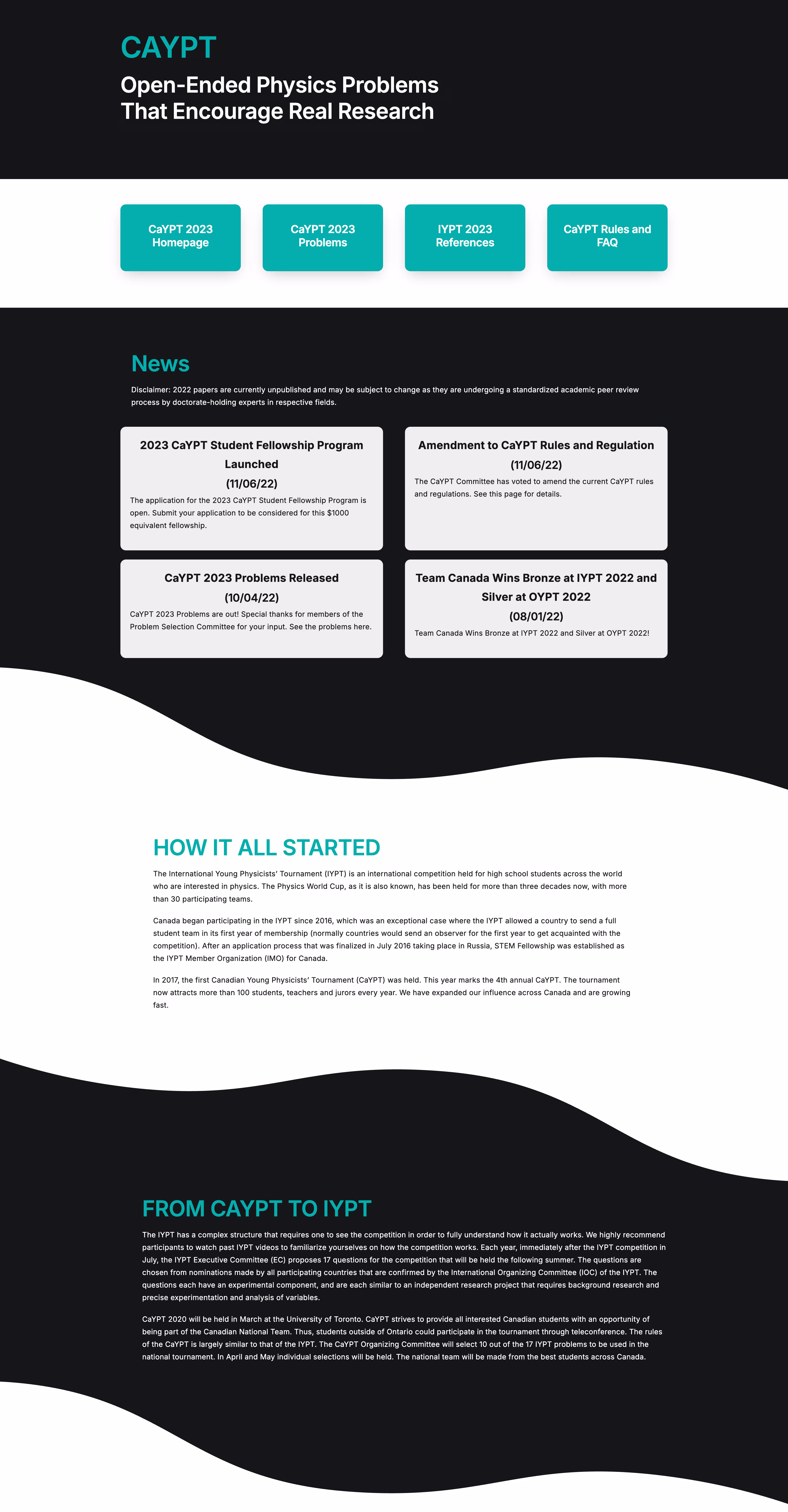 CaYPT homepage showing navigation buttons for CaYPT 2023 Homepage, Problems, IYPT 2023 References, and Rules FAQ, news about fellowship program, rule amendments, problems release, and team wins, plus sections on how the competition started and transition from CaYPT to IYPT.