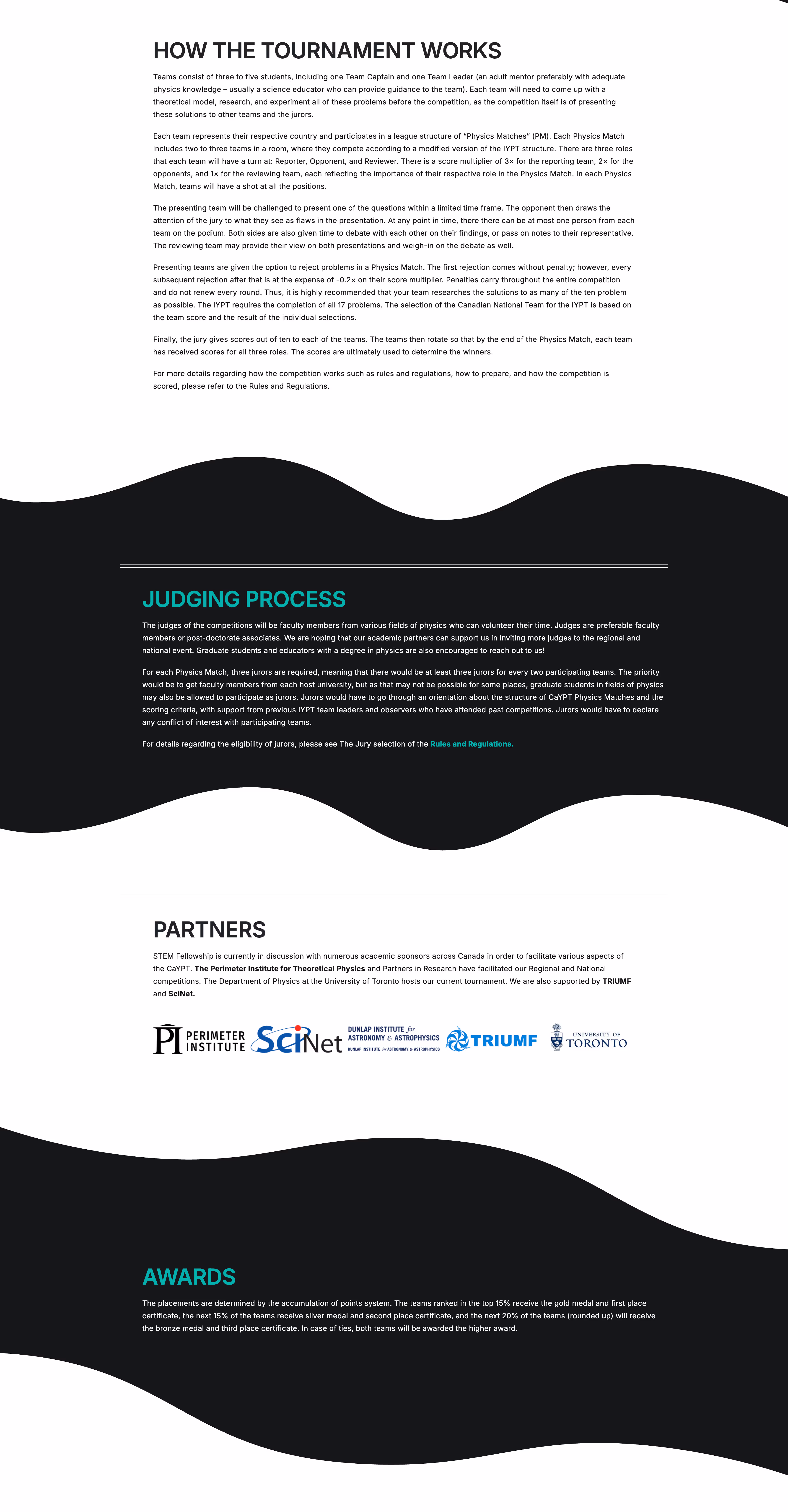 Text describing the tournament structure, judging process, partners, and awards for a physics competition including roles, scoring, judge qualifications, partner logos, and award criteria.