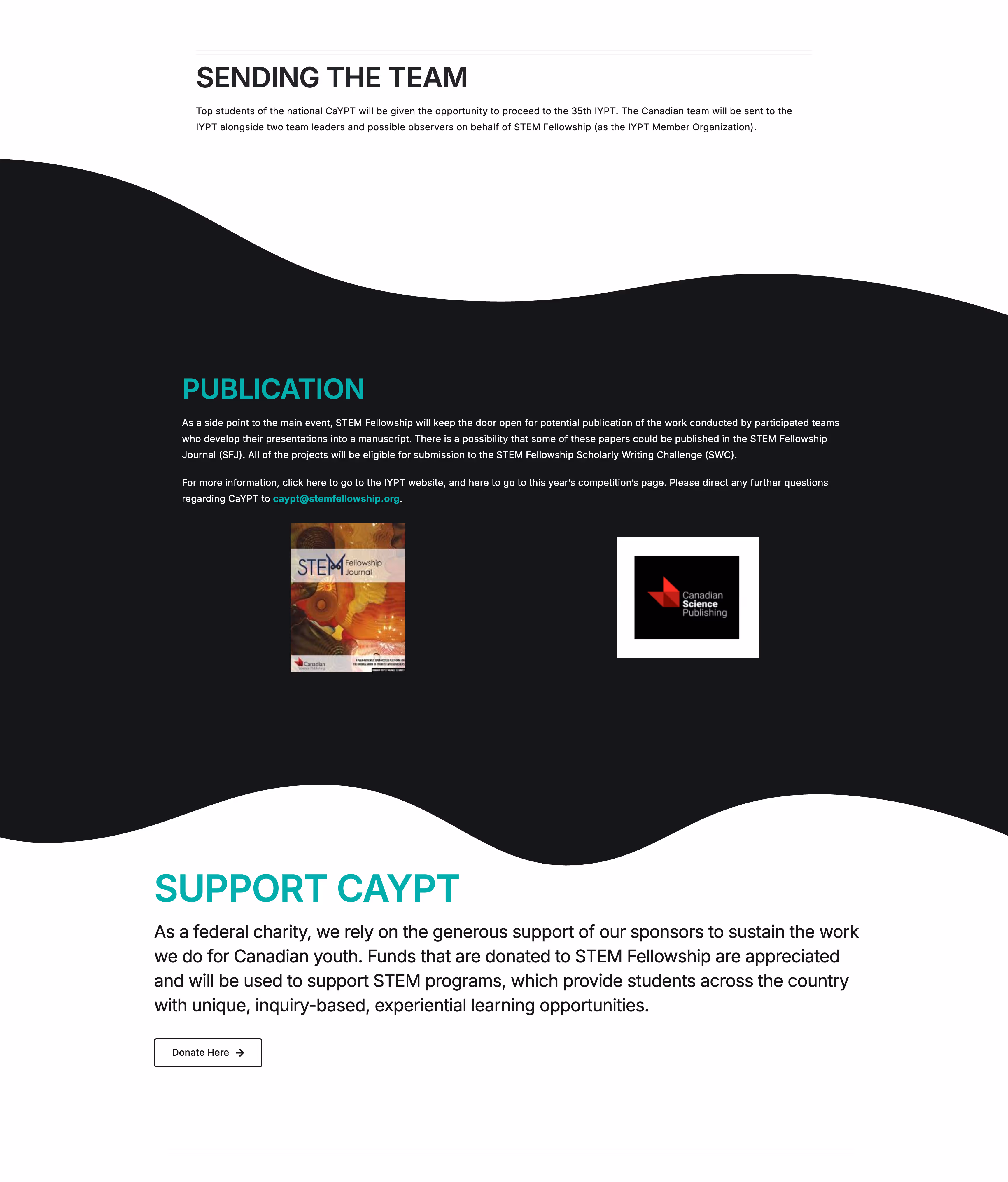 Webpage section describing STEM Fellowship publication opportunities with cover image of STEM Fellowship Journal and Canadian Science Publishing logo, plus call to support CAYPT with a donation button.