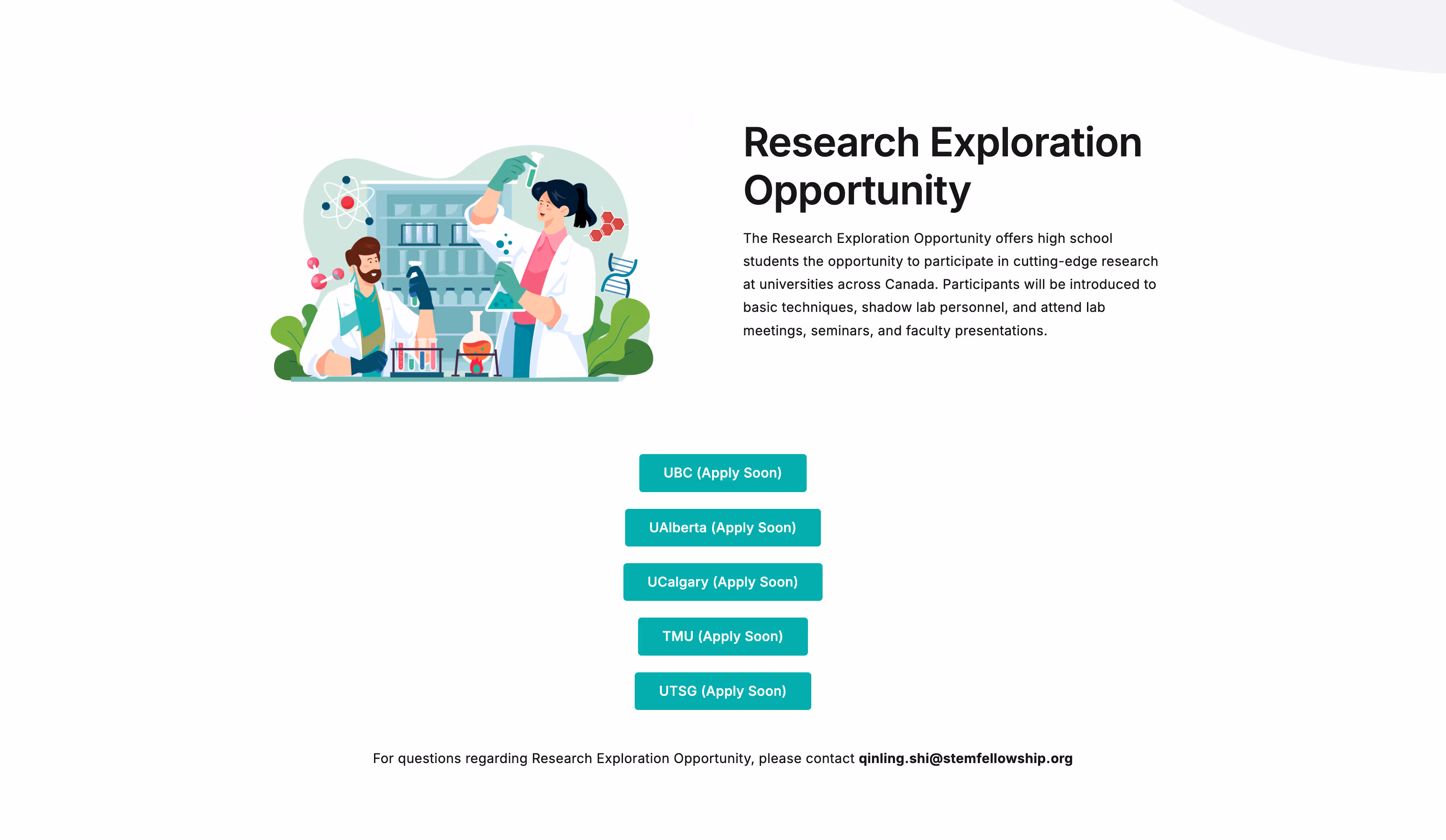 Illustration of two scientists in a lab conducting experiments with test tubes and chemical flasks alongside text about the Research Exploration Opportunity for high school students in Canada.