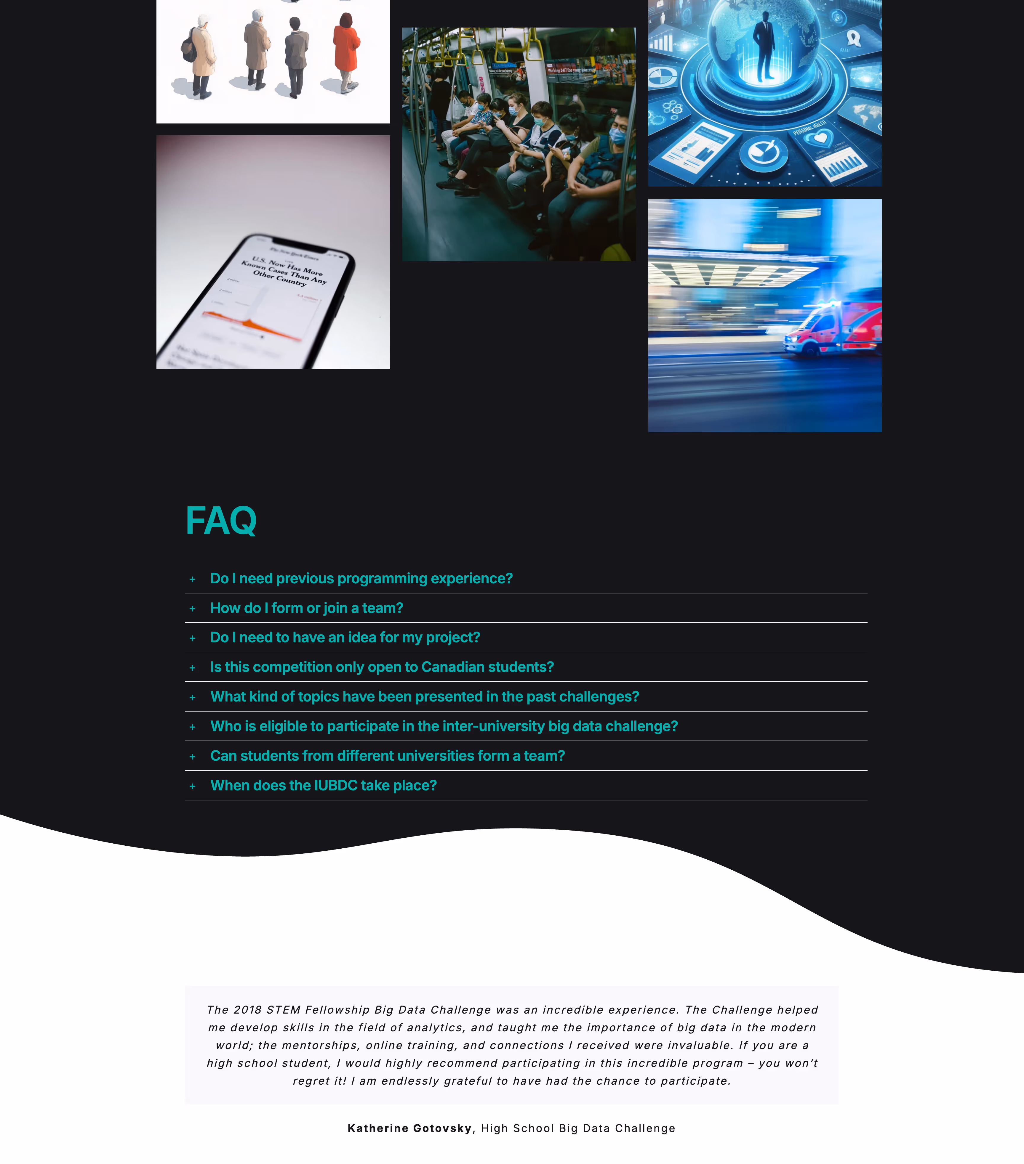 FAQ section with questions about programming experience, forming teams, project ideas, eligibility, and event timing, below a collage of images including people waiting, masked passengers on a bus, a phone showing a Covid-19 case graph, a digital business interface, and a speeding ambulance.