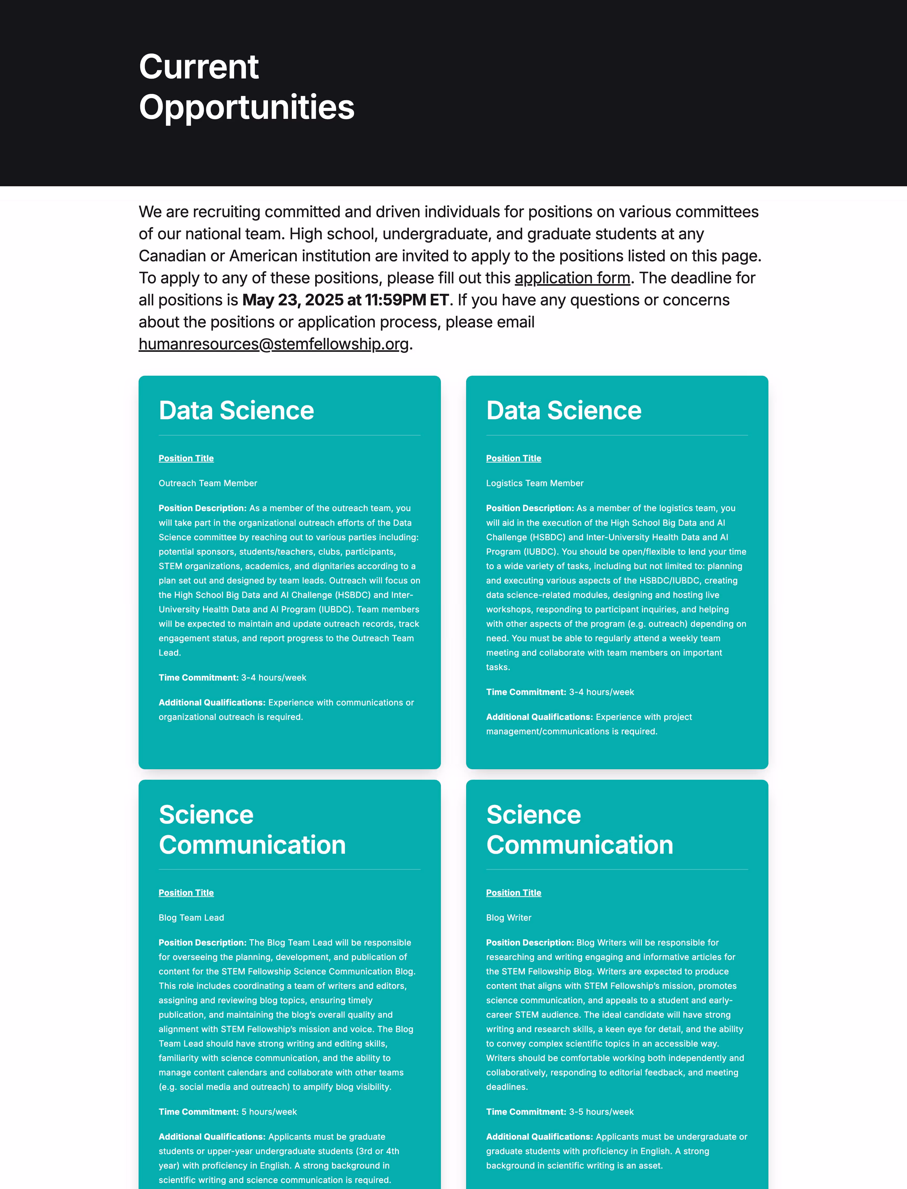 Job opportunity board listing positions in Data Science and Science Communication, with detailed descriptions, qualifications, and time commitments.