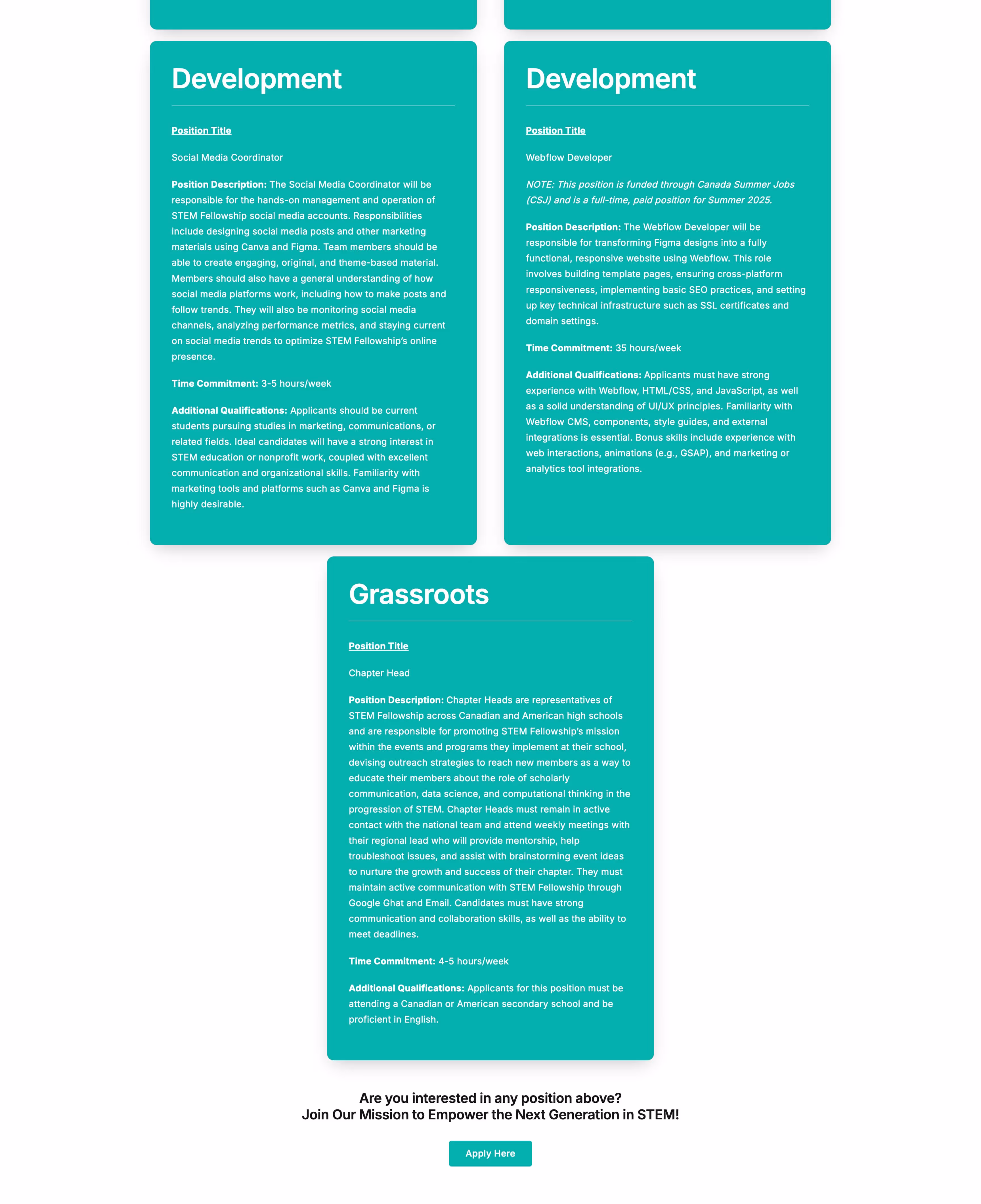 Job postings for Development and Grassroots positions including Social Media Coordinator, Webflow Developer, and Chapter Head, with descriptions, qualifications, and time commitments.