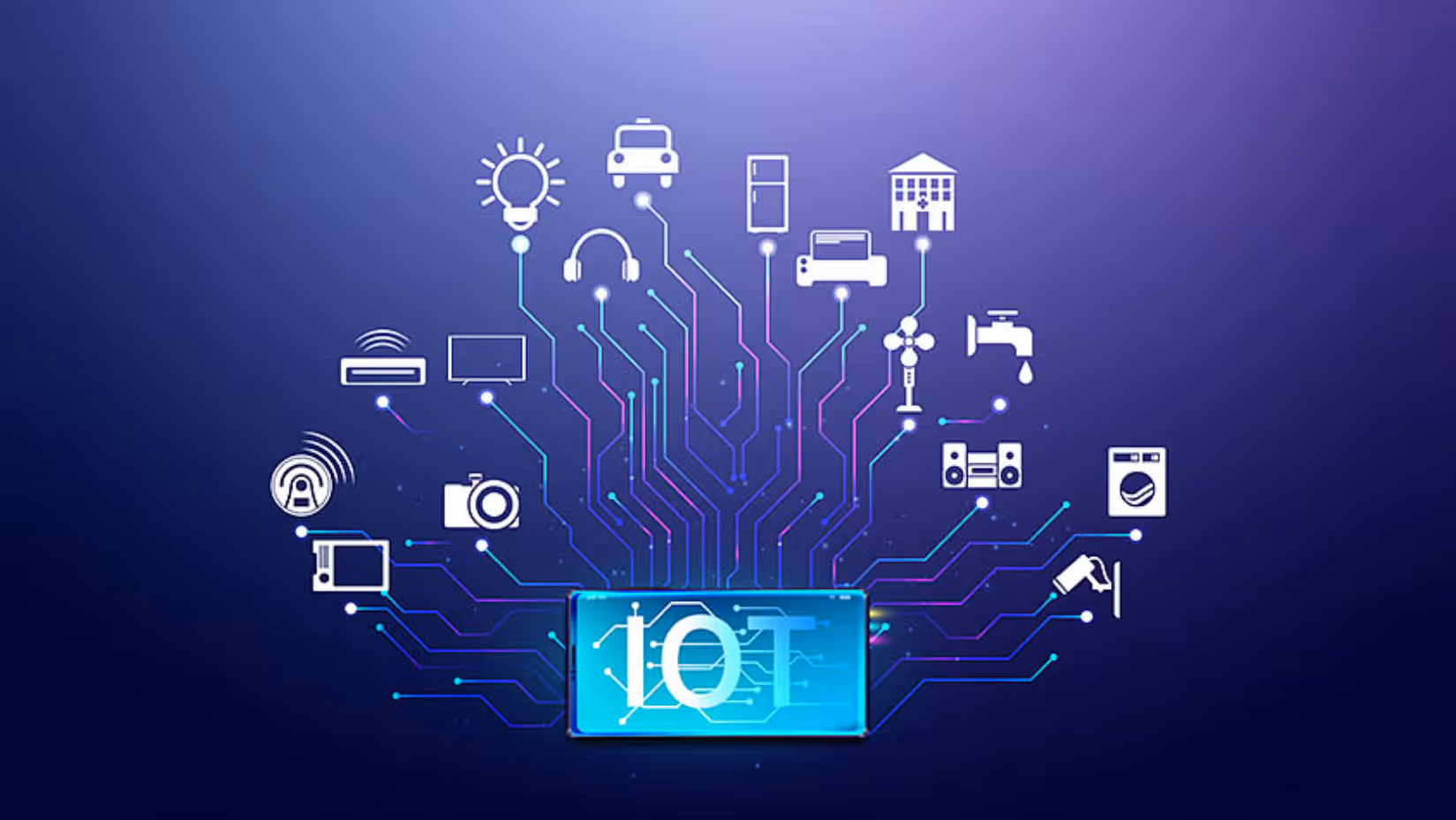 Digital illustration of IoT concept showing a blue rectangular device labeled 'IoT' connected by circuit lines to icons of smart devices like light bulb, car, refrigerator, printer, house, fan, faucet, speakers, washing machine, security camera, camera, microwave, television, and wireless router on a purple background.
