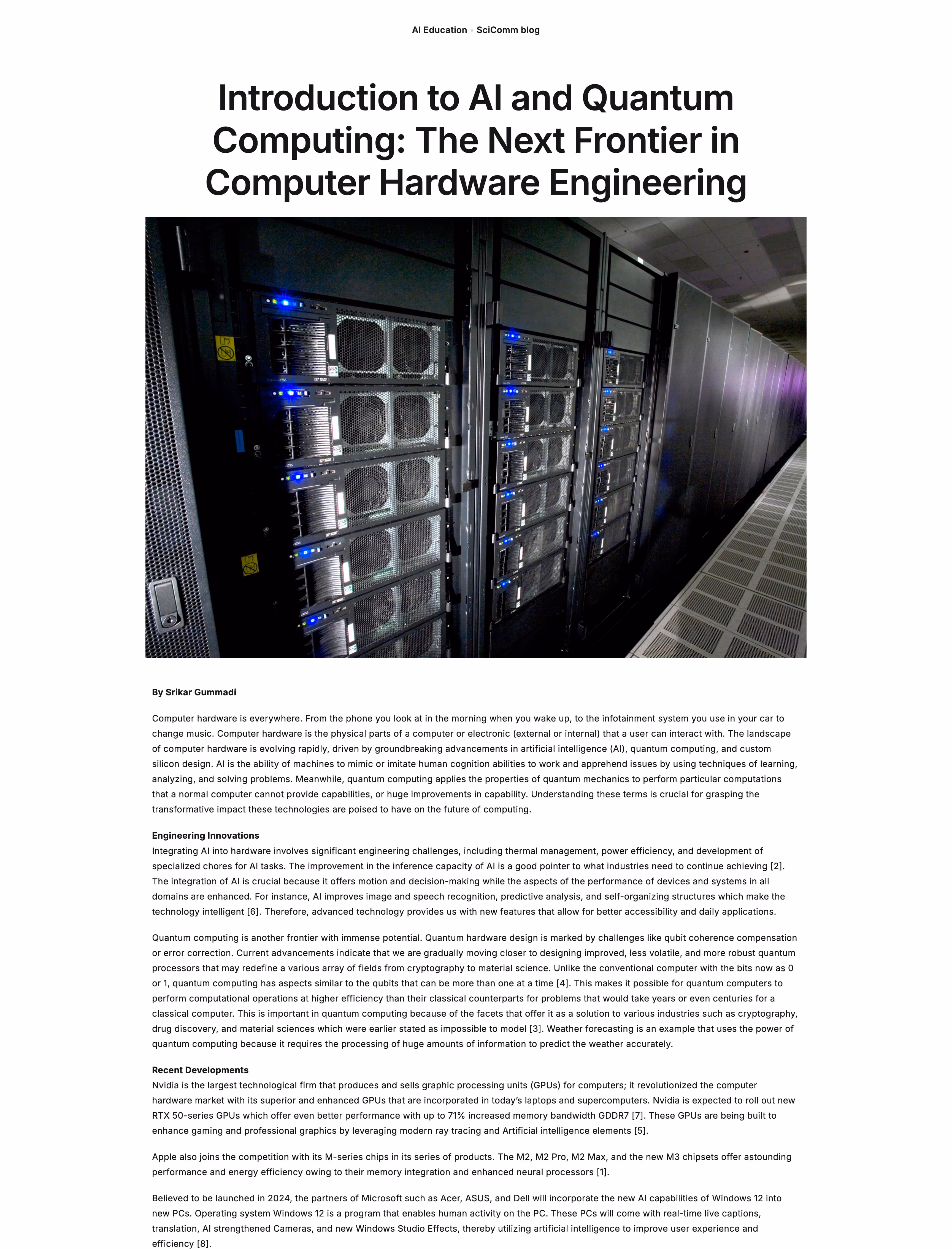 Server racks with multiple high-performance computing units illuminated by blue indicator lights in a data center.