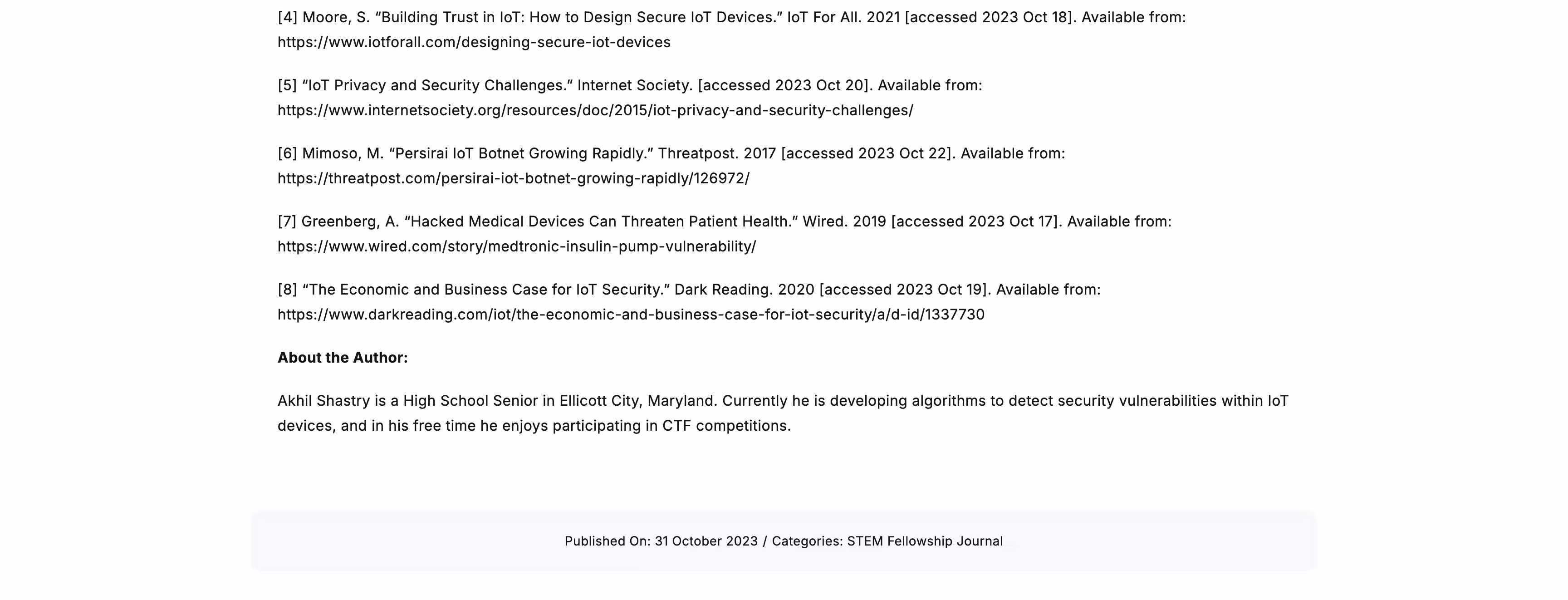 Text listing references related to IoT security and privacy, followed by an author bio of Akhil Shastry, a high school senior focused on IoT security algorithms.