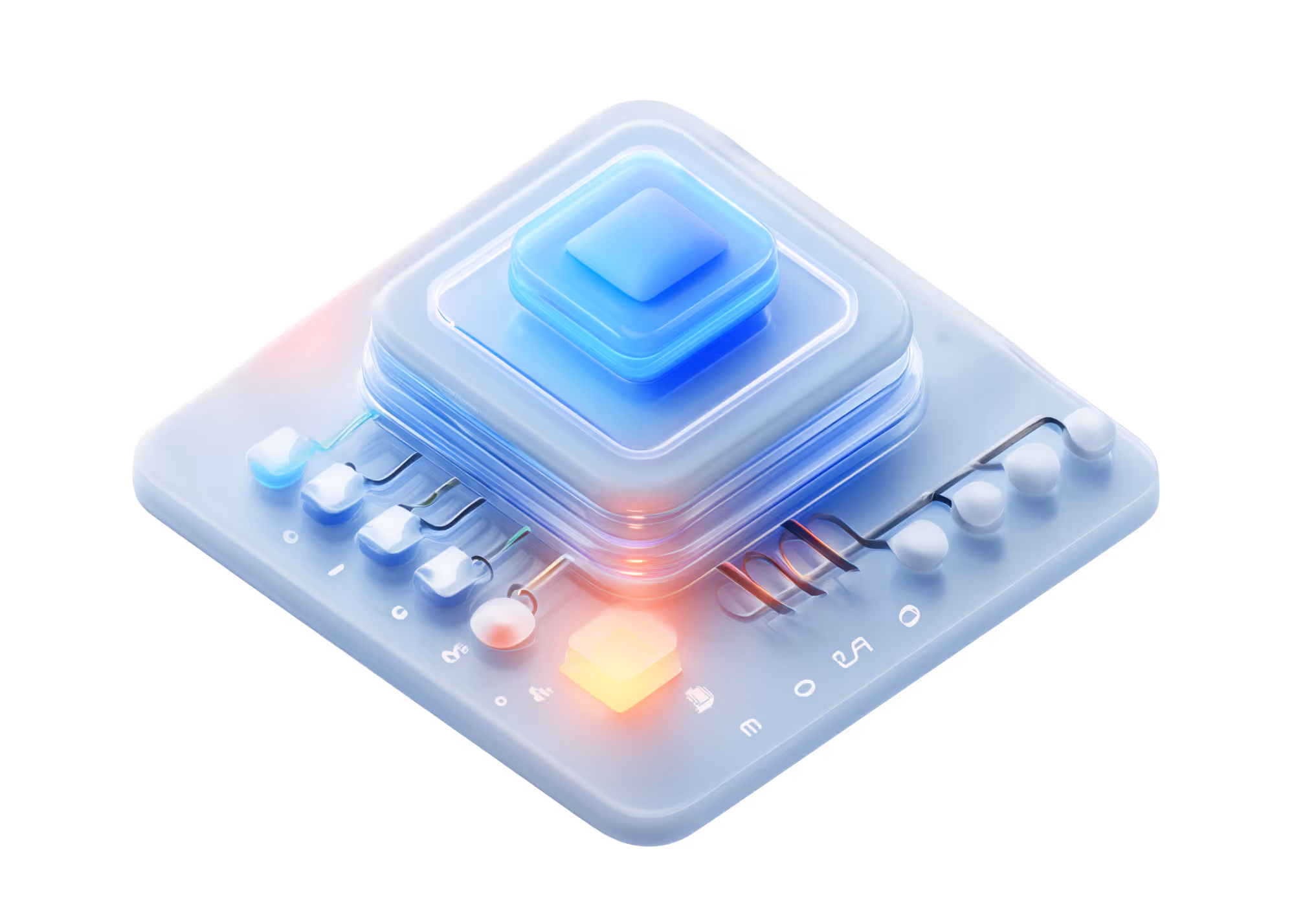 3D illustration of a futuristic translucent blue computer chip or microprocessor with glowing connections.