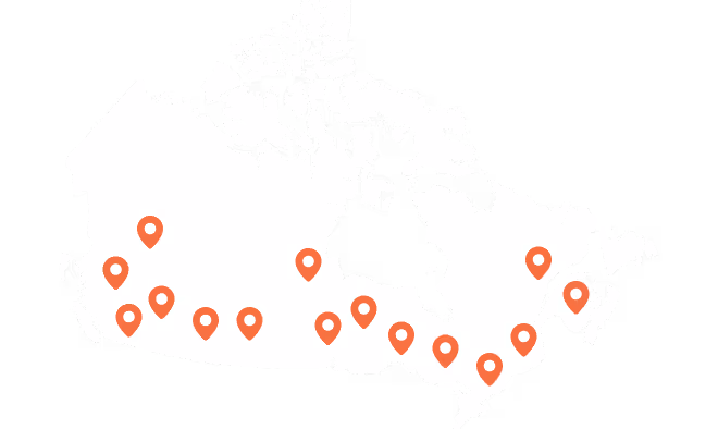Map of Canada with multiple orange location markers spread primarily across the southern regions.