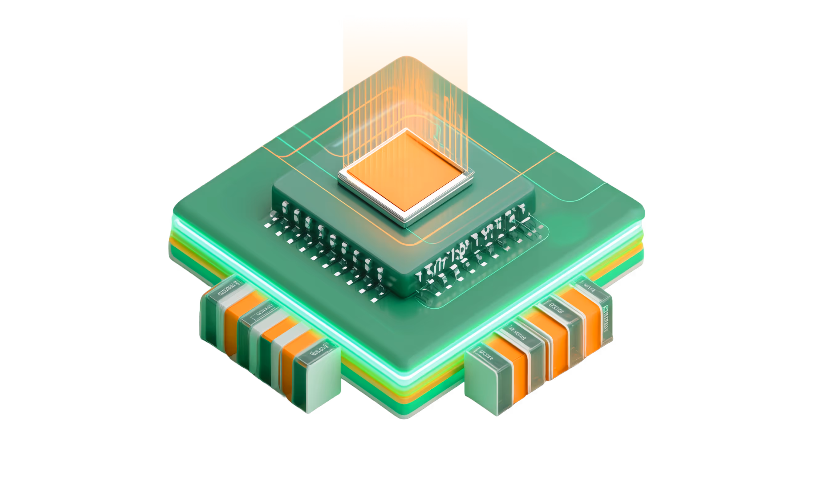 3D illustration of a glowing green and orange microchip with circuitry details and a central processing unit emitting light.