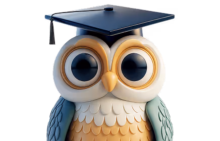 3D illustration of an owl wearing a navy blue graduation cap.