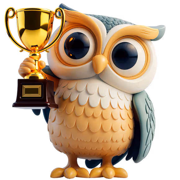 Cartoon owl holding a golden trophy cup with a wooden base.