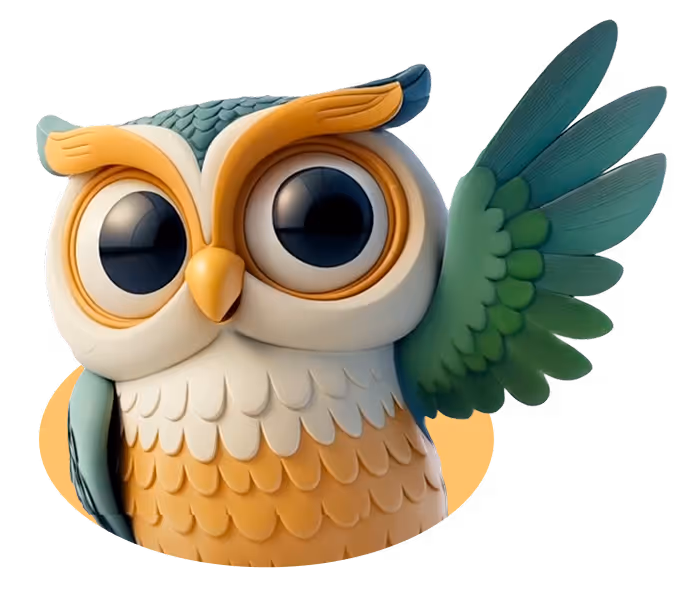 3D illustration of a colorful owl with large eyes and one wing raised.