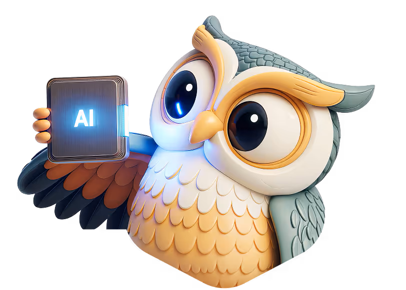 3D cartoon owl holding a glowing black square chip with the letters AI.