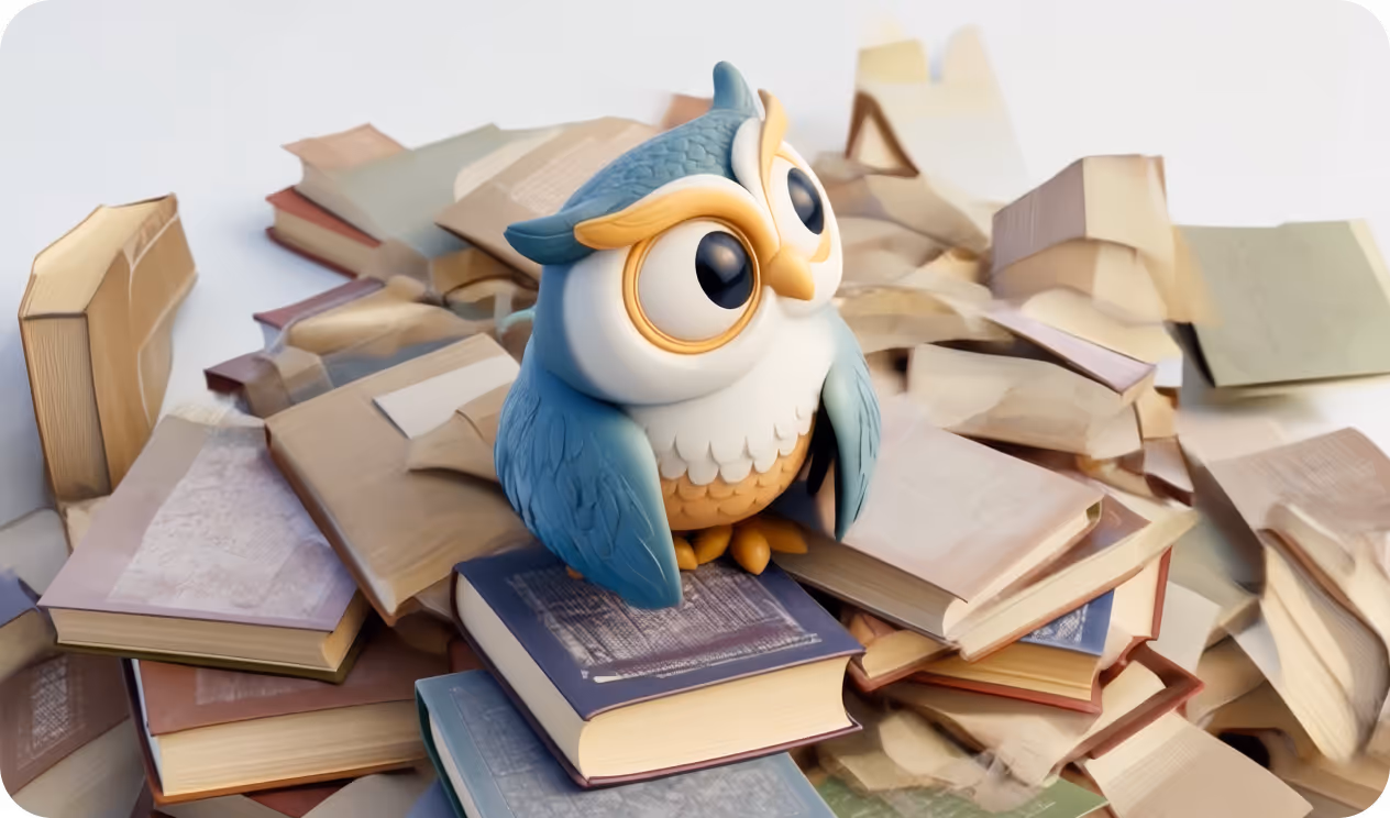 Blue and white cartoon owl figurine sitting on a pile of assorted closed books with worn covers.