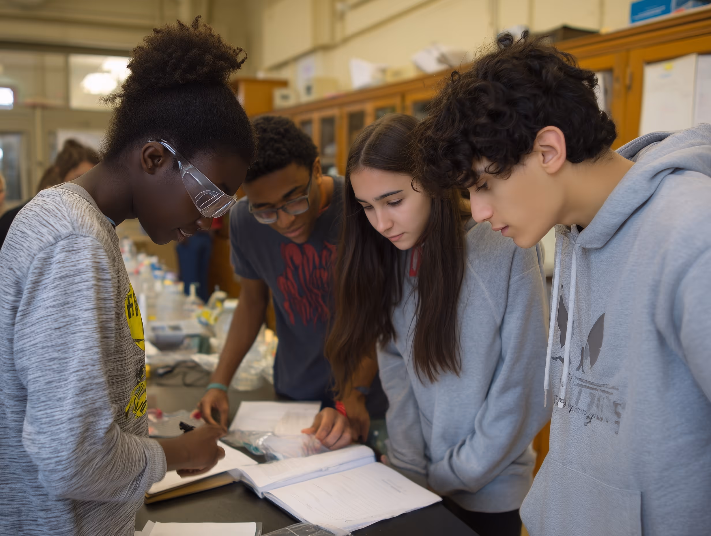 Four high school students closely examining and working on a notebook in a science classroom.