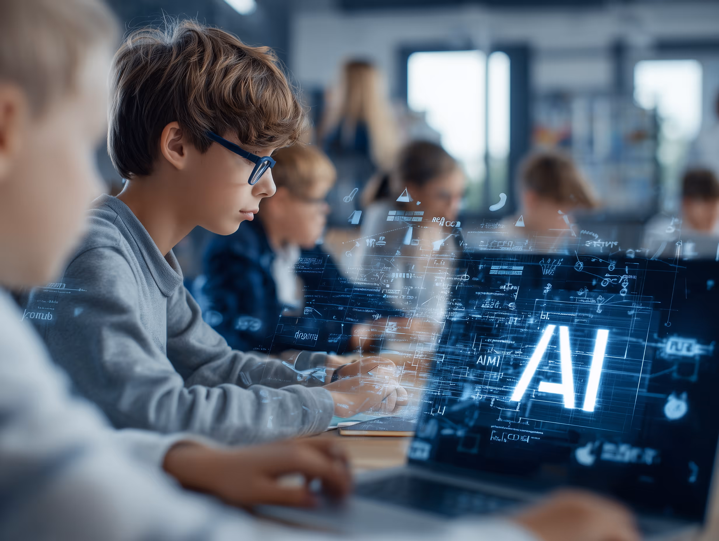 High school students focused on coding laptops with AI technology graphics overlaid.
